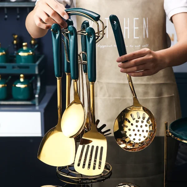 7 PCS Stainless Steel Silicone Kitchen Utensil Slotted Spatula Turner Ladle Serving Spoon Pasta Server Cooking Set - Image 4