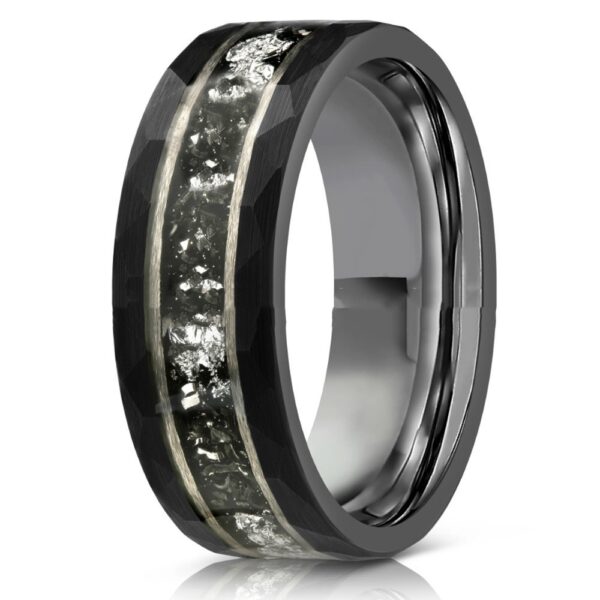 8mm Electric Black Hammer Pattern Tungsten Ring Steel Color Inner Step Inlaid Iron Chips Silver Foil - Image 5